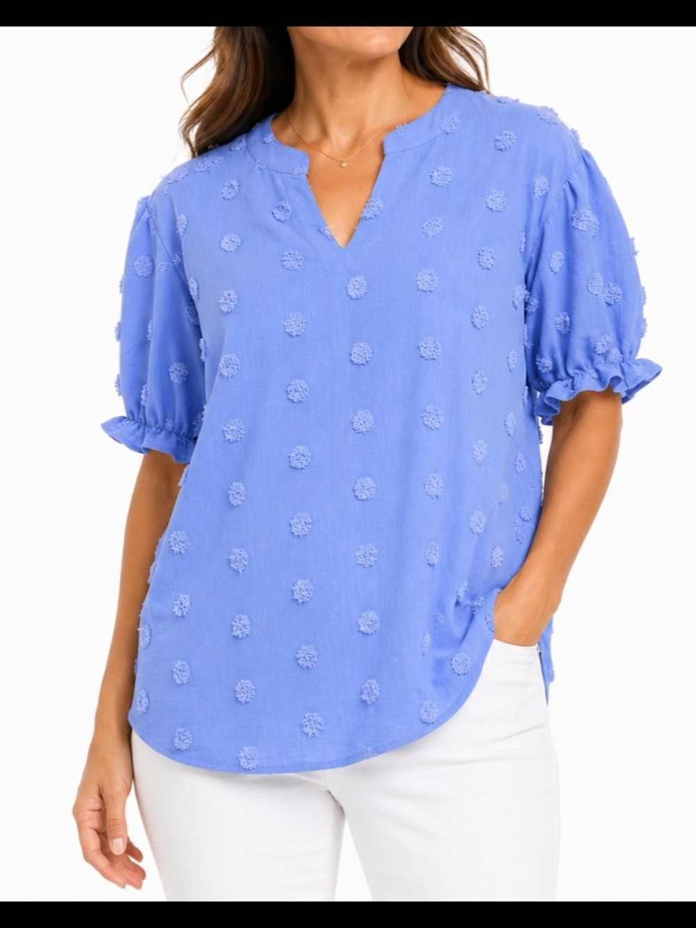 Textured Pom-Pom Split-Neck Top in Periwinkle